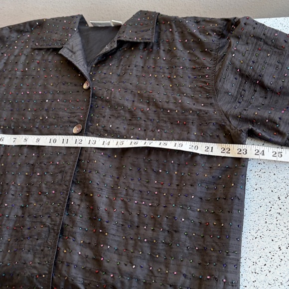 Silk multicolored beaded black jacket large relaxed fit perfect for layered look - Picture 7 of 8